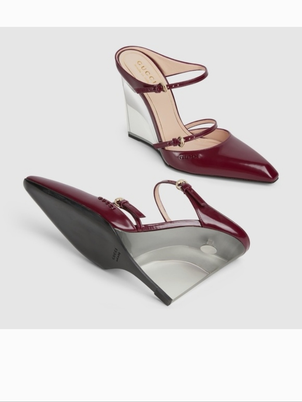 Gucci Burgundy Patent Leather Dual-Strap Wedge with Mirrored Heel - Picture 6 of 6